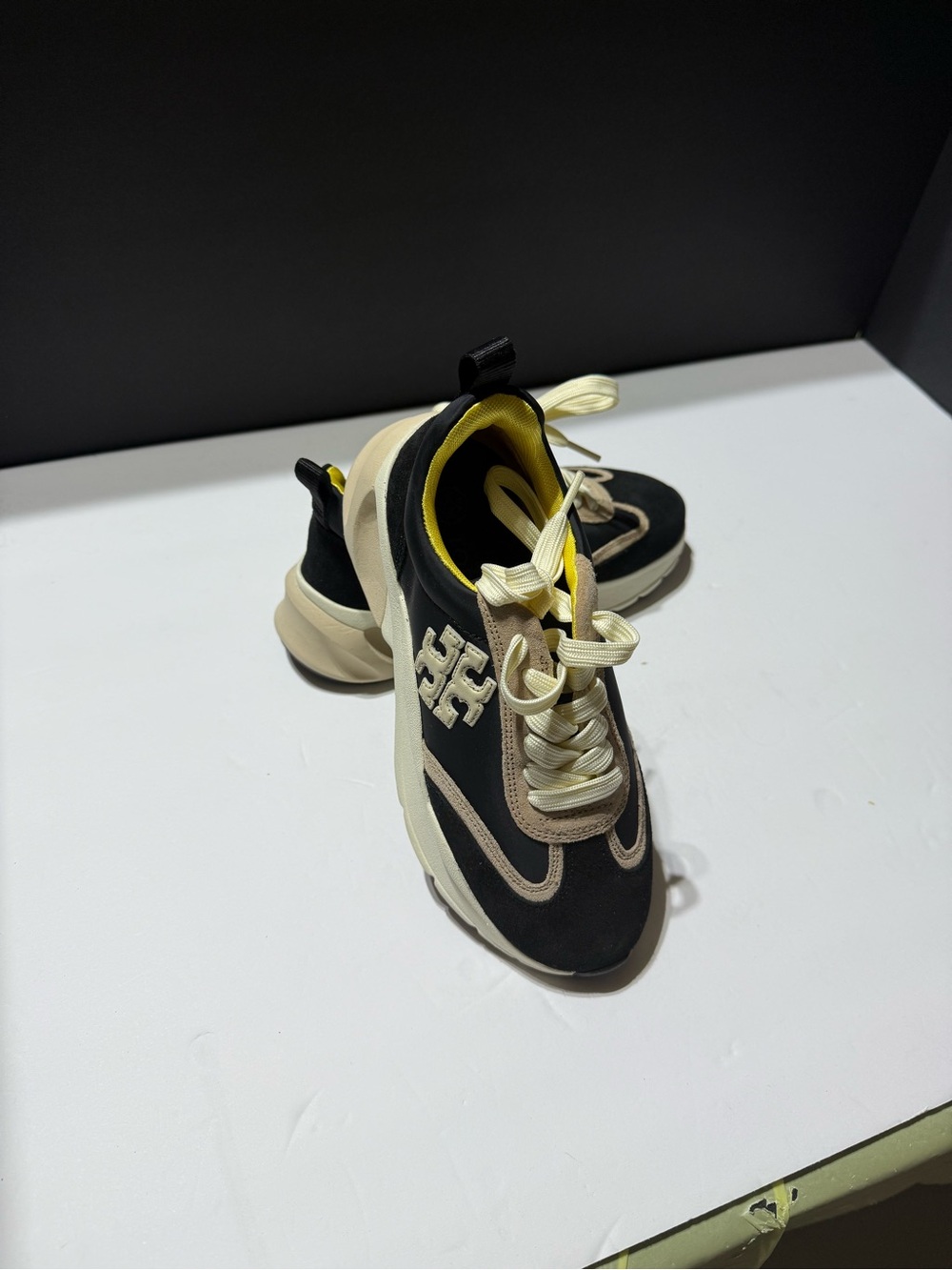 Tory Burch Black, Cream & Yellow Chunky Lace-Up Sneakers